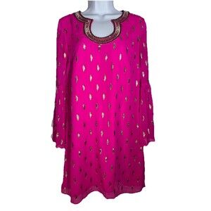 Lilly Pulitzer Amory Silk Dress Hot Pink Metallic Beaded Lined Women Size 4